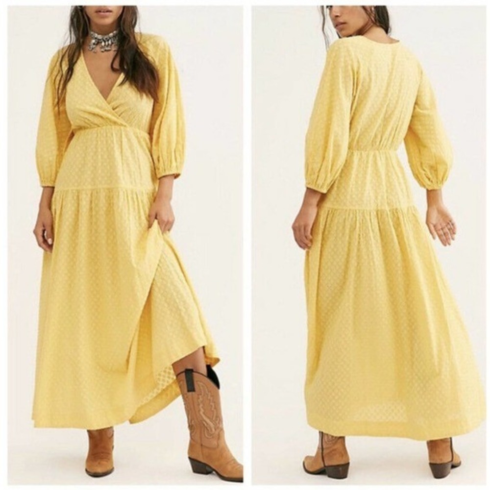 Free People Yellow Textured Cotton Tiered Maxi Dress OB1102307 XS